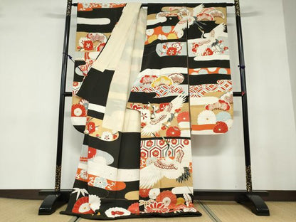 平和屋本店●アンティーク　大正ロマン　振袖　長襦袢（袷）セット　駒刺繍　飛鶴草花文　半衿刺繍　正絹　逸品　DABD9538ud