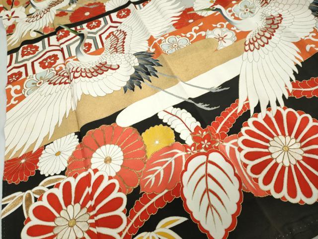 平和屋本店●アンティーク　大正ロマン　振袖　長襦袢（袷）セット　駒刺繍　飛鶴草花文　半衿刺繍　正絹　逸品　DABD9538ud