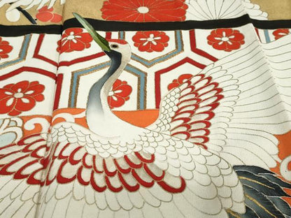 平和屋本店●アンティーク　大正ロマン　振袖　長襦袢（袷）セット　駒刺繍　飛鶴草花文　半衿刺繍　正絹　逸品　DABD9538ud