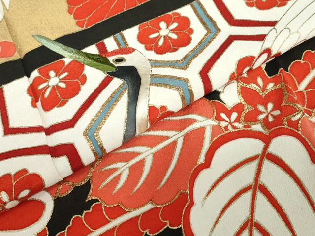 平和屋本店●アンティーク　大正ロマン　振袖　長襦袢（袷）セット　駒刺繍　飛鶴草花文　半衿刺繍　正絹　逸品　DABD9538ud