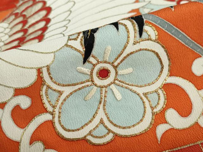 平和屋本店●アンティーク　大正ロマン　振袖　長襦袢（袷）セット　駒刺繍　飛鶴草花文　半衿刺繍　正絹　逸品　DABD9538ud