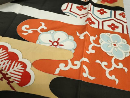 平和屋本店●アンティーク　大正ロマン　振袖　長襦袢（袷）セット　駒刺繍　飛鶴草花文　半衿刺繍　正絹　逸品　DABD9538ud