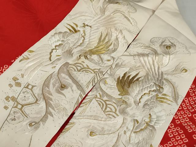 平和屋本店●アンティーク　大正ロマン　振袖　長襦袢（袷）セット　駒刺繍　飛鶴草花文　半衿刺繍　正絹　逸品　DABD9538ud