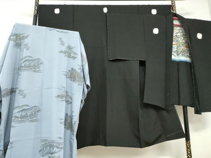 平和屋着物●男性　黒紋付　羽織・長襦袢（袷）セット　羽裏：風景文　反端付き　正絹　逸品　未使用　DABD9539ud