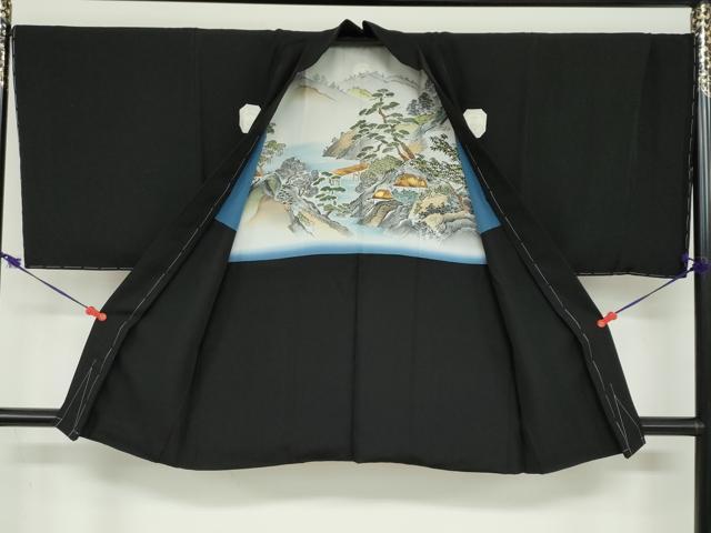 平和屋着物●男性　黒紋付　羽織・長襦袢（袷）セット　羽裏：風景文　反端付き　正絹　逸品　未使用　DABD9539ud