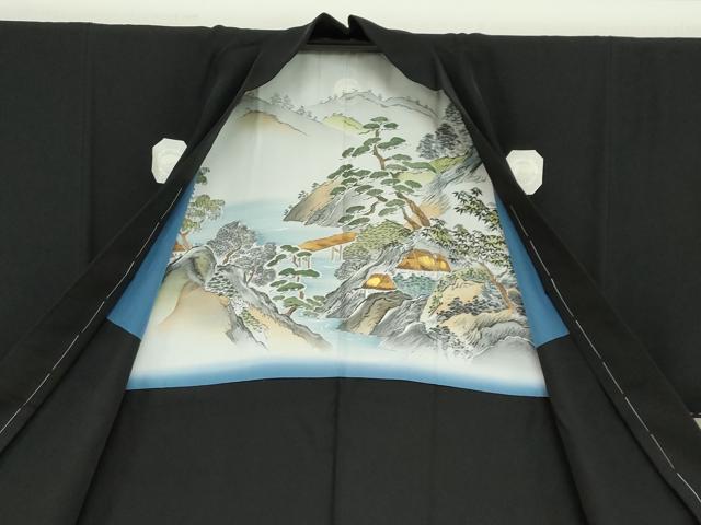 平和屋着物●男性　黒紋付　羽織・長襦袢（袷）セット　羽裏：風景文　反端付き　正絹　逸品　未使用　DABD9539ud
