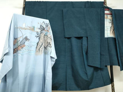平和屋着物●男性　紬　アンサンブル　長羽織　長襦袢（袷）セット　褐返色　キングサイズ　正絹　逸品　DABD9540ud