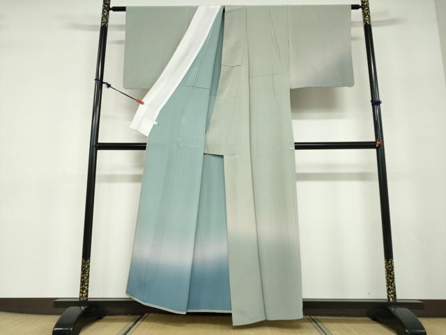 平和屋着物▽江戸小紋　訪問着　単衣　万筋　麹塵色×空五倍子色　暈し染め　正絹　逸品　DABD9546ud