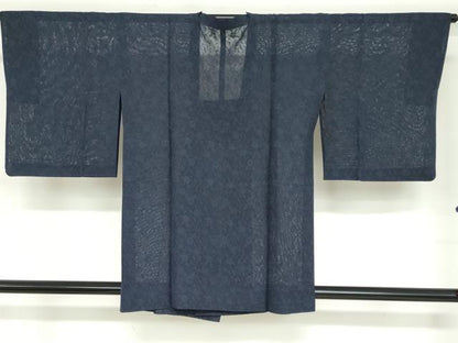 平和屋着物▽道行コート　スリーシーズン　春夏秋　塵除け　草花文紗　鉄紺色　正絹　逸品　DABD9549ud