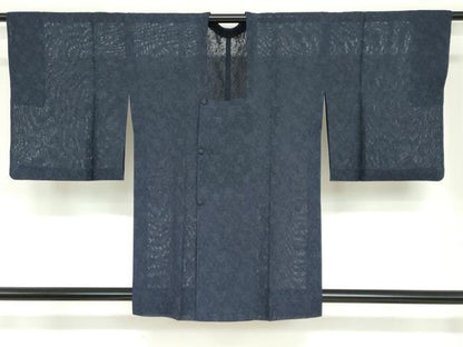 平和屋着物▽道行コート　スリーシーズン　春夏秋　塵除け　草花文紗　鉄紺色　正絹　逸品　DABD9549ud