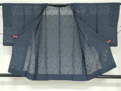 平和屋着物▽道行コート　スリーシーズン　春夏秋　塵除け　草花文紗　鉄紺色　正絹　逸品　DABD9549ud