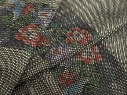 平和屋着物●本場大島紬　9マルキ　色紙風景草花文　正絹　逸品　DABD9552ud