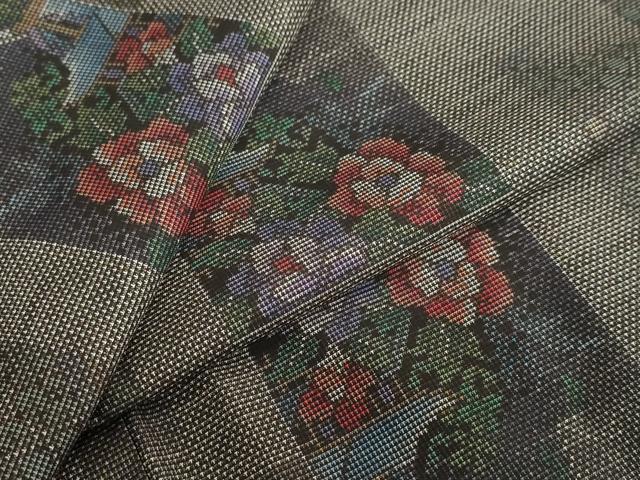 平和屋着物●本場大島紬　9マルキ　色紙風景草花文　正絹　逸品　DABD9552ud