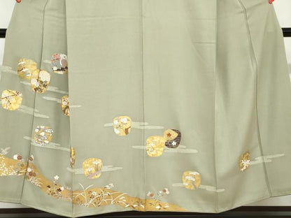 平和屋着物●訪問着　駒刺繍　陶器飛鶴草花文　金彩　正絹　逸品　DABD9555ud