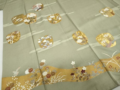 平和屋着物●訪問着　駒刺繍　陶器飛鶴草花文　金彩　正絹　逸品　DABD9555ud