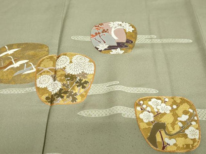 平和屋着物●訪問着　駒刺繍　陶器飛鶴草花文　金彩　正絹　逸品　DABD9555ud