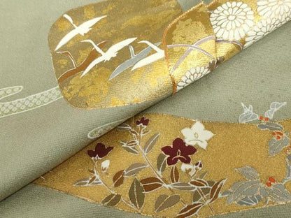 平和屋着物●訪問着　駒刺繍　陶器飛鶴草花文　金彩　正絹　逸品　DABD9555ud