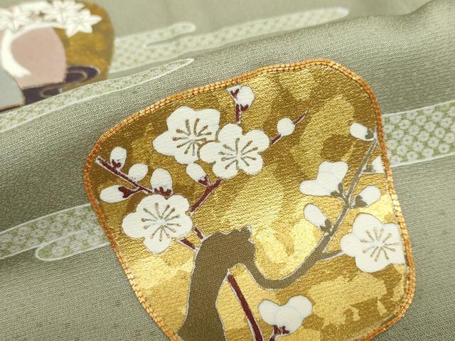 平和屋着物●訪問着　駒刺繍　陶器飛鶴草花文　金彩　正絹　逸品　DABD9555ud