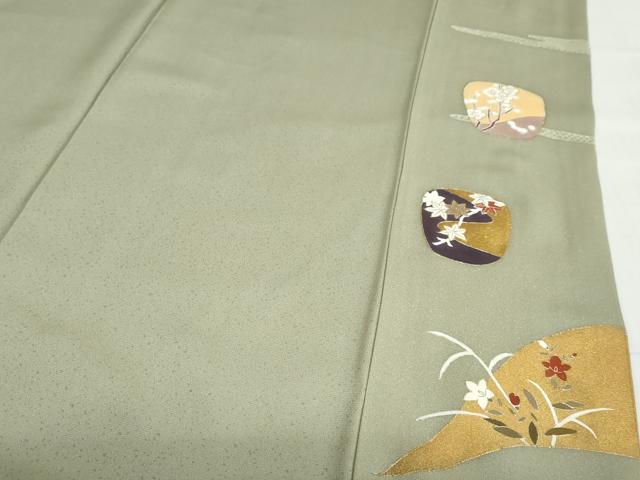 平和屋着物●訪問着　駒刺繍　陶器飛鶴草花文　金彩　正絹　逸品　DABD9555ud