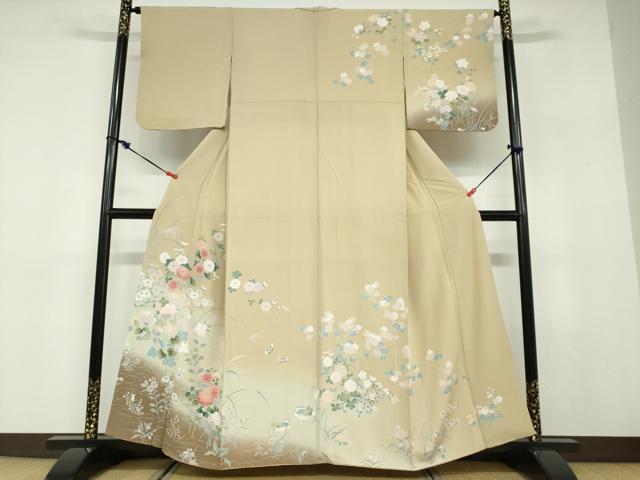 平和屋着物●訪問着　友禅　鴛鴦花蝶文　暈し染め　正絹　逸品　DABD9556ud