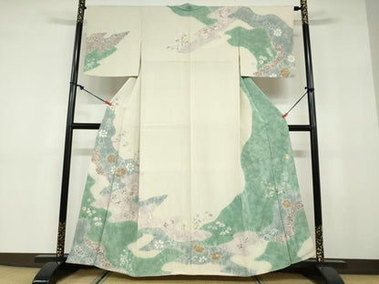 平和屋着物●十日町　名門　滝泰謹製　訪問着　手描き　絞り　雲取り草花文　金彩　正絹　逸品　DABD9558ud