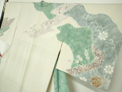 平和屋着物●十日町　名門　滝泰謹製　訪問着　手描き　絞り　雲取り草花文　金彩　正絹　逸品　DABD9558ud