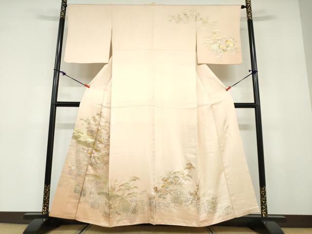平和屋着物●金彩友禅　卓越技能者・名工・和田光正　訪問着　流水渡橋草花文　金彩　正絹　逸品　DABD9564ud