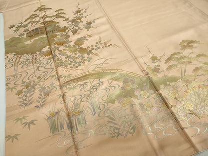平和屋着物●金彩友禅　卓越技能者・名工・和田光正　訪問着　流水渡橋草花文　金彩　正絹　逸品　DABD9564ud