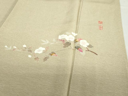 平和屋着物●京加賀友禅　百貫達雄監修　色無地　枝花地紋　榛色　正絹　逸品　DABD9592ud