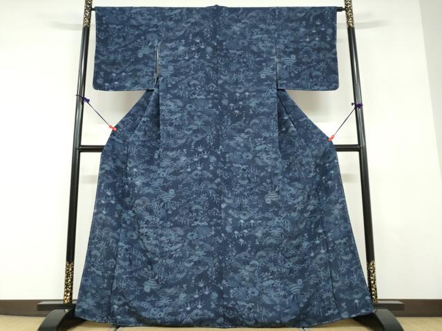 平和屋着物●上質な小紋　藍　型染　花鳥文　鬼しぼ縮緬　正絹　逸品　未使用　DABD9601ud