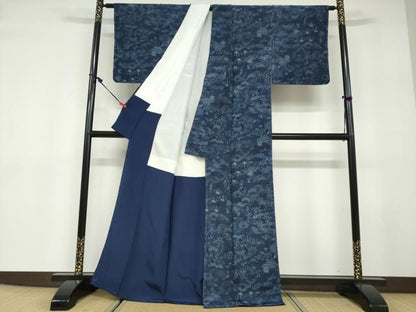 平和屋着物●上質な小紋　藍　型染　花鳥文　鬼しぼ縮緬　正絹　逸品　未使用　DABD9601ud