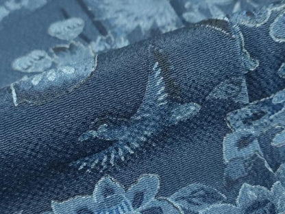 平和屋着物●上質な小紋　藍　型染　花鳥文　鬼しぼ縮緬　正絹　逸品　未使用　DABD9601ud