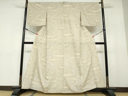 平和屋着物▽本塩沢　単衣　110亀甲　エ霞舞葉文　正絹　逸品　DABD9614ud