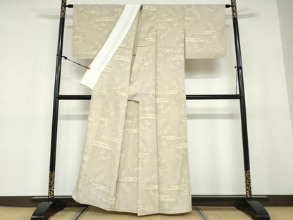 平和屋着物▽本塩沢　単衣　110亀甲　エ霞舞葉文　正絹　逸品　DABD9614ud