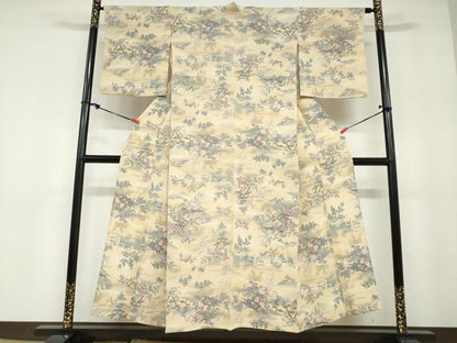 平和屋着物▽上質な小紋　単衣　流水風景草花文　鬼しぼ縮緬　正絹　逸品　DABD9635ud