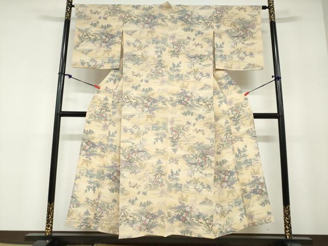 平和屋着物▽上質な小紋　単衣　流水風景草花文　鬼しぼ縮緬　正絹　逸品　DABD9635ud