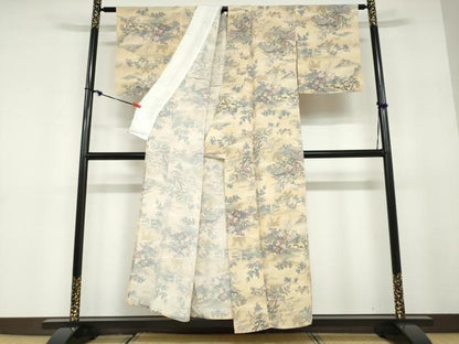 平和屋着物▽上質な小紋　単衣　流水風景草花文　鬼しぼ縮緬　正絹　逸品　DABD9635ud
