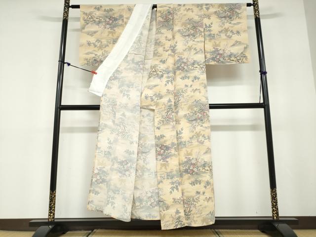 平和屋着物▽上質な小紋　単衣　流水風景草花文　鬼しぼ縮緬　正絹　逸品　DABD9635ud