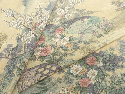 平和屋着物▽上質な小紋　単衣　流水風景草花文　鬼しぼ縮緬　正絹　逸品　DABD9635ud