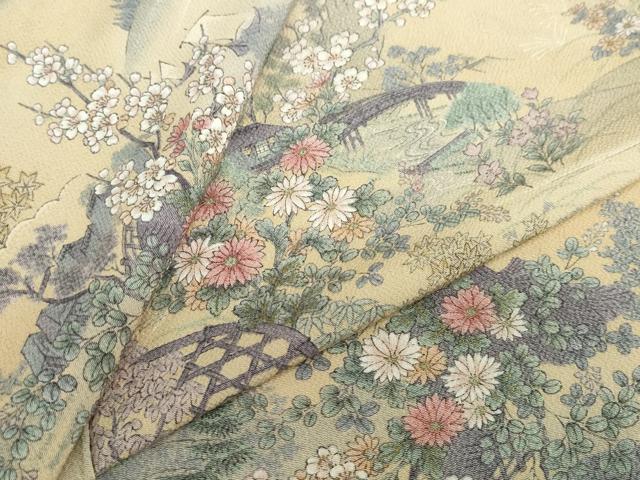 平和屋着物▽上質な小紋　単衣　流水風景草花文　鬼しぼ縮緬　正絹　逸品　DABD9635ud