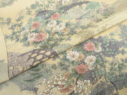 平和屋着物▽上質な小紋　単衣　流水風景草花文　鬼しぼ縮緬　正絹　逸品　DABD9635ud