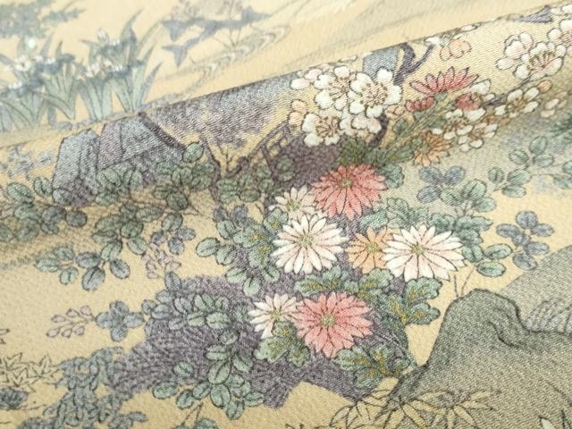 平和屋着物▽上質な小紋　単衣　流水風景草花文　鬼しぼ縮緬　正絹　逸品　DABD9635ud