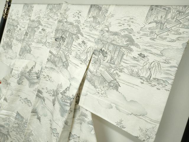 平和屋着物▽訪問着　単衣　人物風景文　正絹　逸品　DABD9638ud