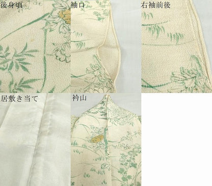 平和屋着物▽上質な小紋　単衣　手描き　草花文　金彩　鬼しぼ縮緬　正絹　逸品　DABD9640ud