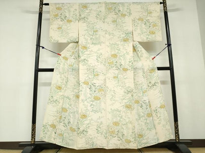 平和屋着物▽上質な小紋　単衣　手描き　草花文　金彩　鬼しぼ縮緬　正絹　逸品　DABD9640ud