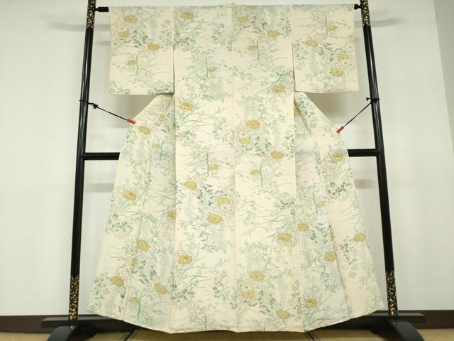 平和屋着物▽上質な小紋　単衣　手描き　草花文　金彩　鬼しぼ縮緬　正絹　逸品　DABD9640ud