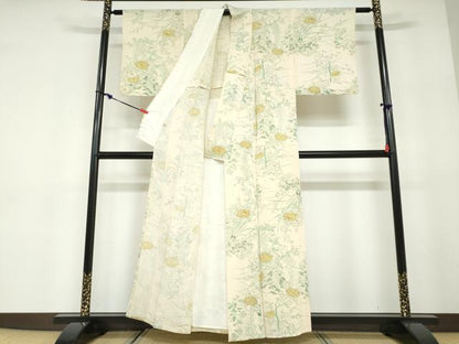 平和屋着物▽上質な小紋　単衣　手描き　草花文　金彩　鬼しぼ縮緬　正絹　逸品　DABD9640ud