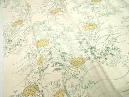 平和屋着物▽上質な小紋　単衣　手描き　草花文　金彩　鬼しぼ縮緬　正絹　逸品　DABD9640ud