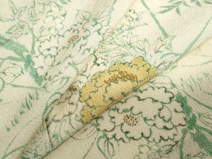 平和屋着物▽上質な小紋　単衣　手描き　草花文　金彩　鬼しぼ縮緬　正絹　逸品　DABD9640ud