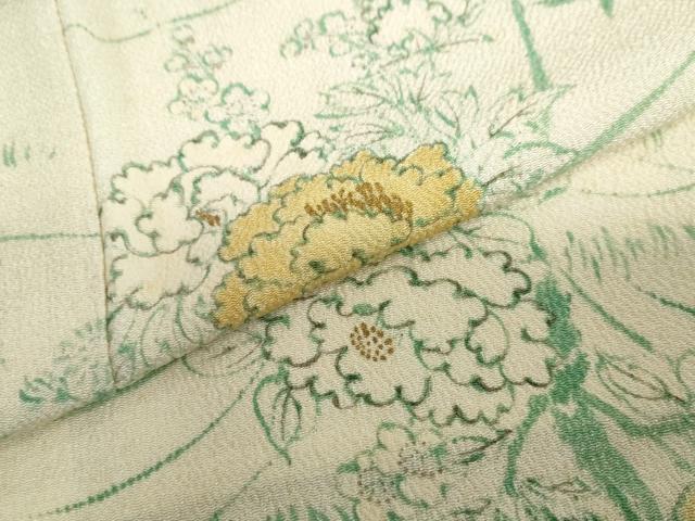 平和屋着物▽上質な小紋　単衣　手描き　草花文　金彩　鬼しぼ縮緬　正絹　逸品　DABD9640ud